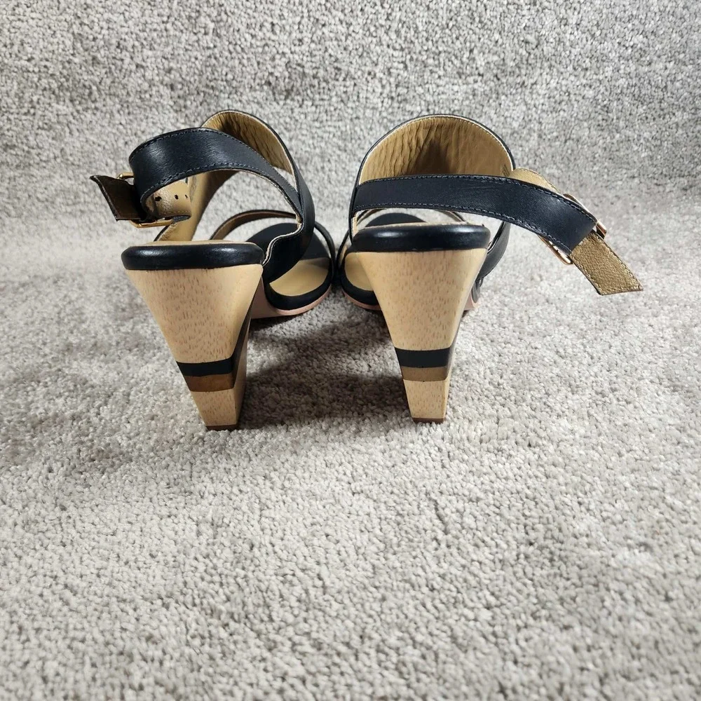 Nina Payne Elena Sandals Black Leather Striped Wood Block Heel Womens 40 (9.5)
